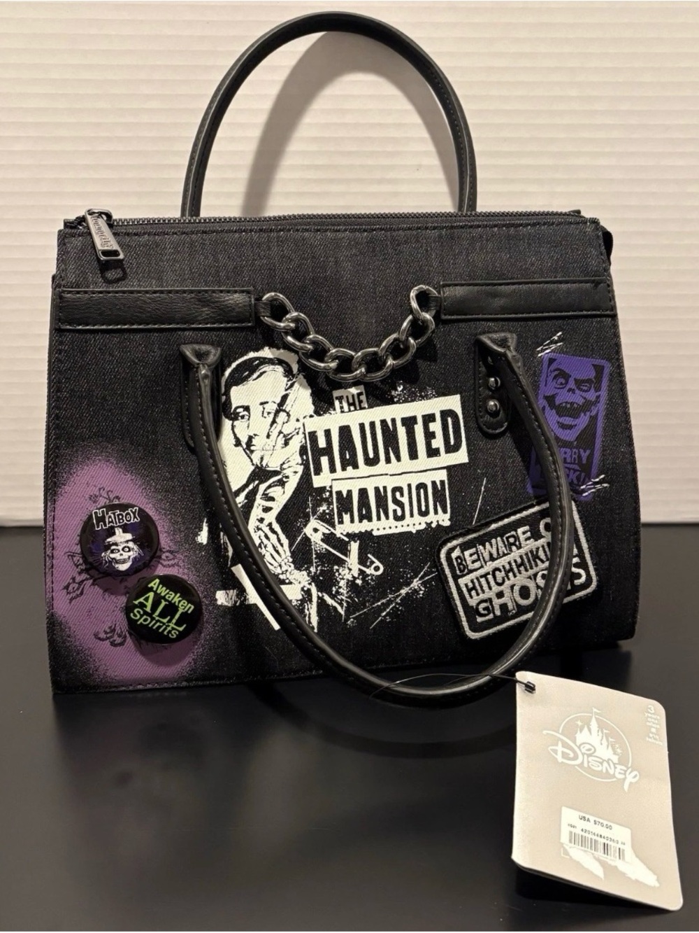 Loungefly Black Haunted Mansion Graphic Tote with Purple Accents